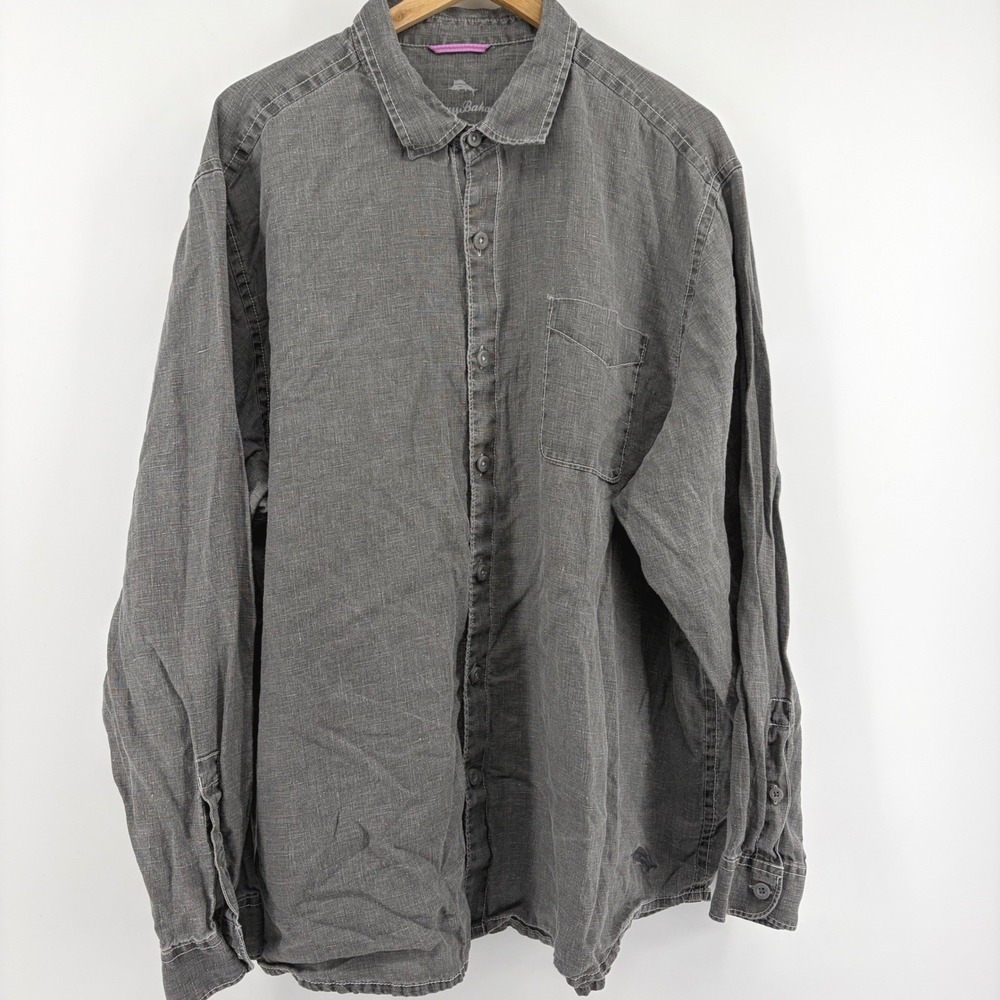 Tommy Bahama Mens XXL Charcoal Gray 100% Linen Long Sleeve Button Front Shirt - Picture 3 of 9
